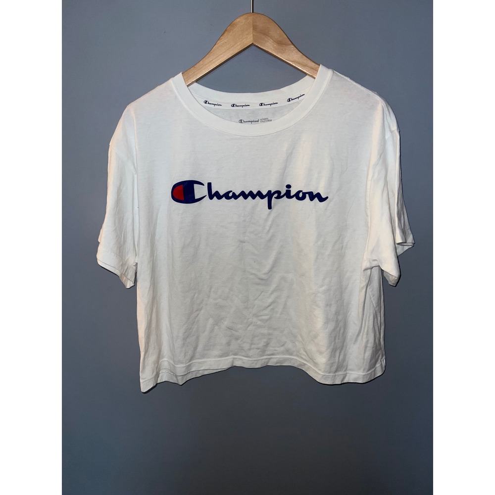 Champion White Cropped T-Shirt Script Logo Short Sleeve Crew Neck Womens Large